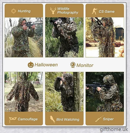 Ghillie Camouflage Camo Suit with 3D leaf pattern for seamless blending in natural environments