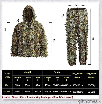 Ghillie Camouflage Camo Suit with 3D leaf pattern for seamless blending in natural environments