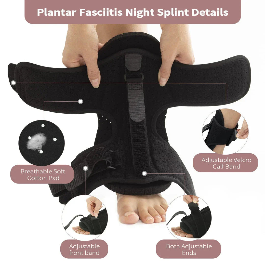 Adjustable night splint with lightweight aluminium bar and adjustable strap for personalized foot support and pain relief