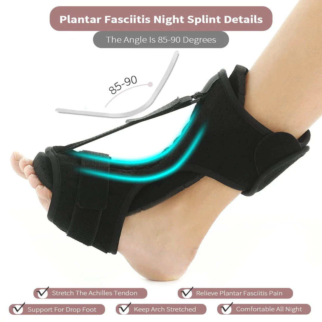 Adjustable night splint with lightweight aluminium bar and adjustable strap for personalized foot support and pain relief
