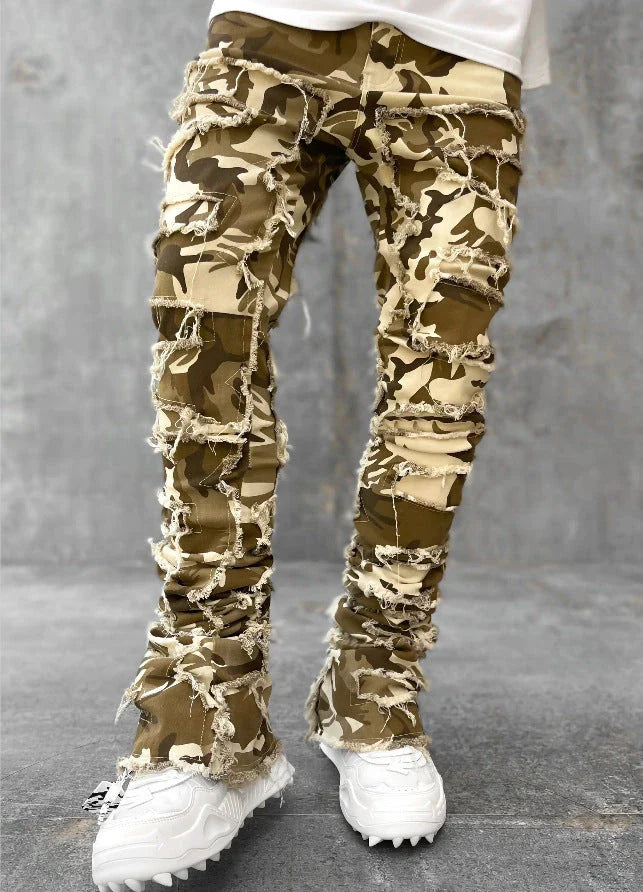 Stylish patched jeans with tight fit and stacked leg design in a variety of fashionable colors