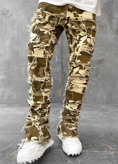 Stylish patched jeans with tight fit and stacked leg design in a variety of fashionable colors