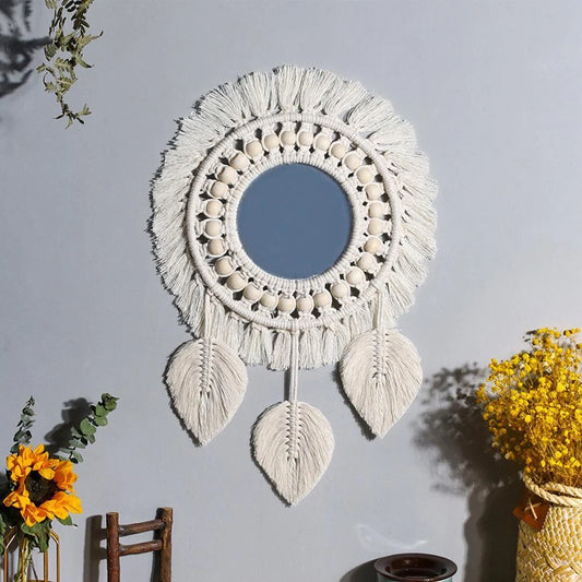 Hand-woven boho round wall mirror with wooden bead accents