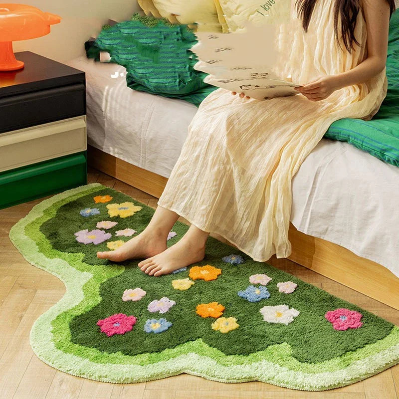 Stylish and cozy floral carpet with vibrant green grass pattern, suitable for living rooms, bedrooms, and entryways
