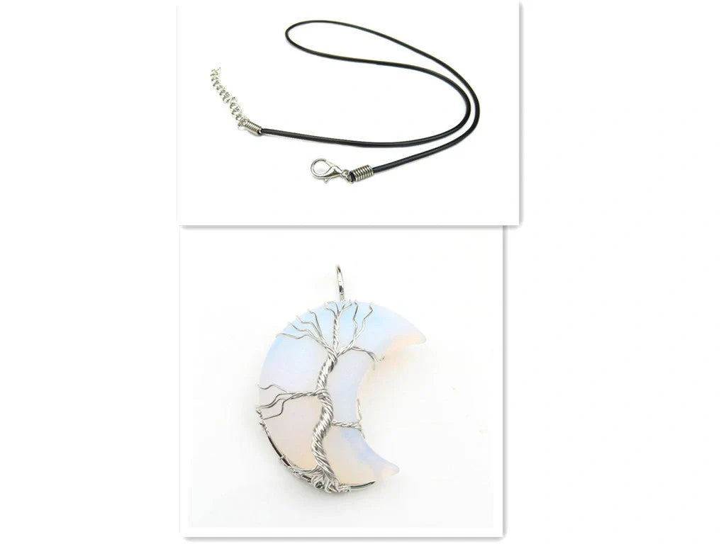 Handmade Moon Natural Crystal Stone Tree of Life Pendant Necklace in various colours