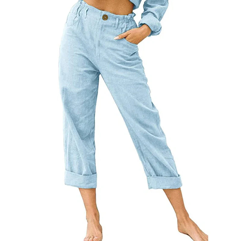 Women's cotton linen patchwork pants with drawstring back and elastic waist in various colours