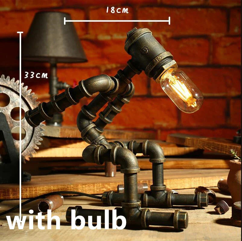 Vintage Industrial Table Lamp with Retro Water Pipe Design in Green Bronze Finish