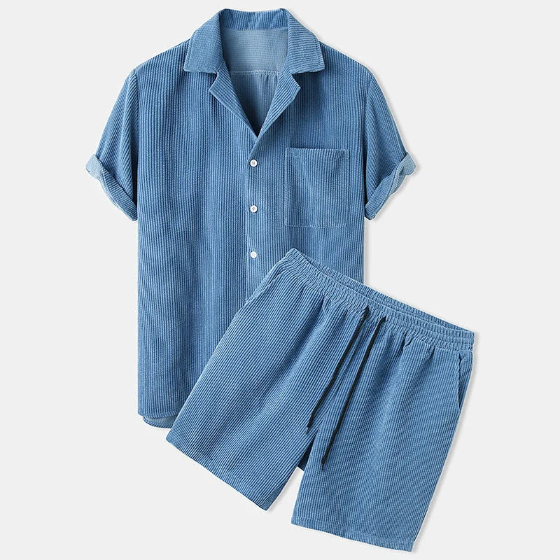 Corduroy short sleeve suit two-piece set in yellow, green, and light blue