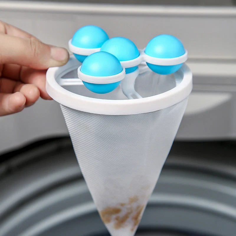 Gyroscopic Washing Machine Filter Pouch in purple, blue, and pink for lint and hair removal