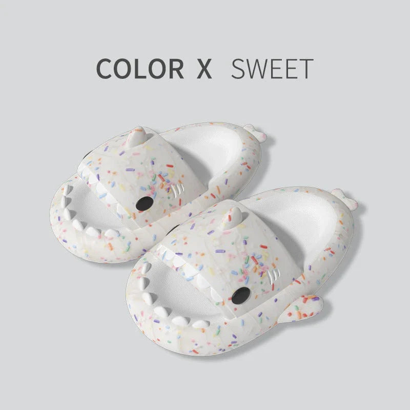 Cute shark-themed slippers with heart print design in various vibrant colors