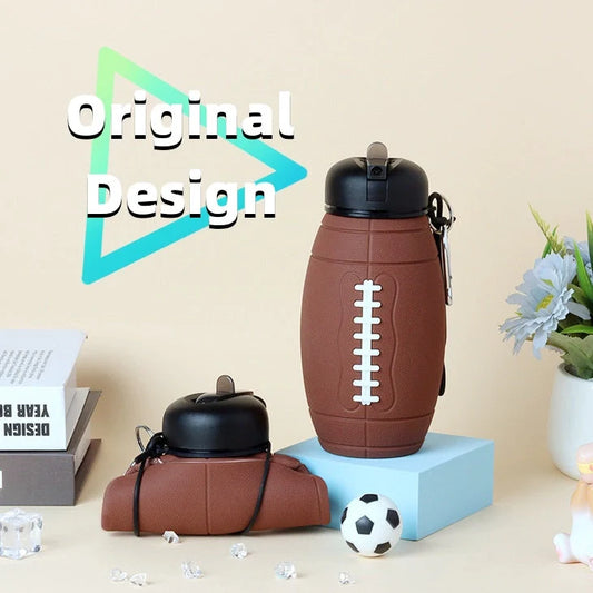 Brown rugby ball-shaped collapsible water bottle with leak-proof silicone seal