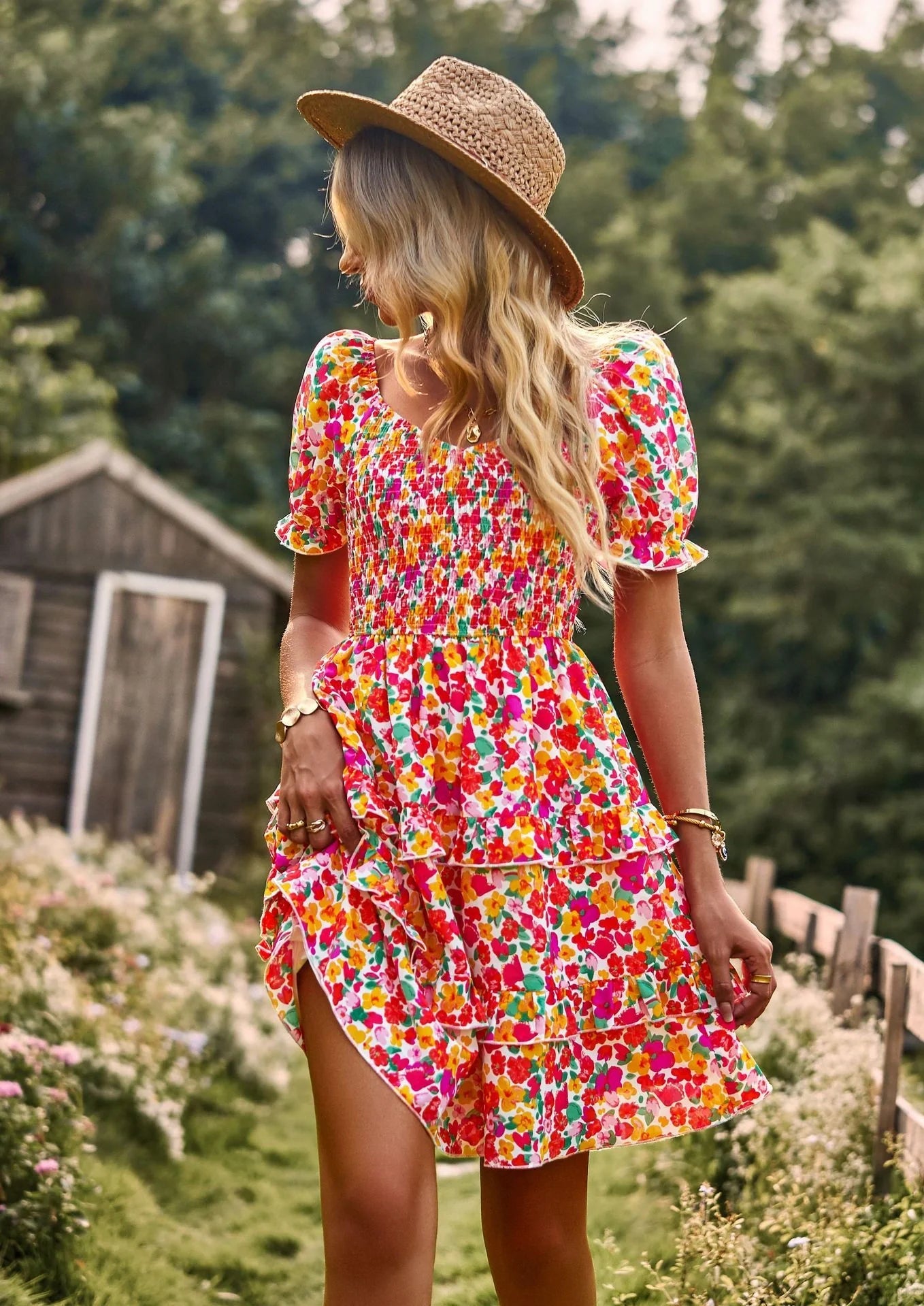 Floral ruffle summer dress with off-shoulder design in vibrant colours