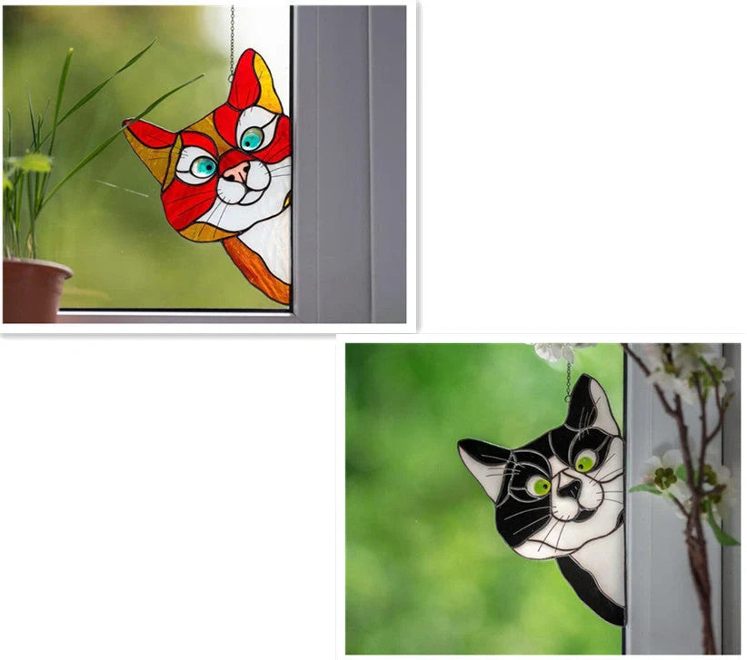 Colourful stained glass cat window hanger decoration, reusable PVC sticker
