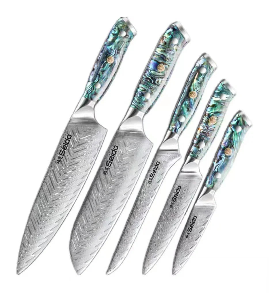 A premium 5-piece Japanese-style Seido Santoku knife set made of high-quality stainless steel, featuring a chef's knife, Santoku knife, bone knife, universal knife, and peeler