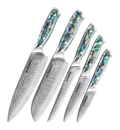 A premium 5-piece Japanese-style Seido Santoku knife set made of high-quality stainless steel, featuring a chef's knife, Santoku knife, bone knife, universal knife, and peeler