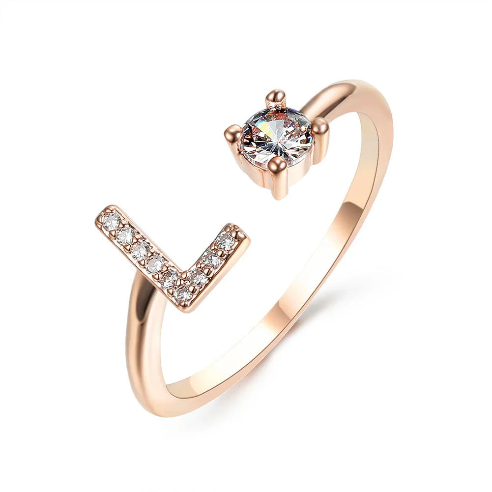 Customizable adjustable ring with 26 letters for women, featuring zircon stones and copper alloy construction
