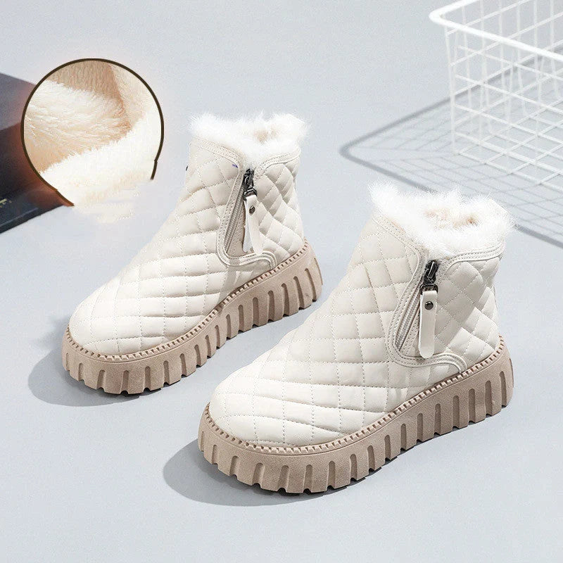 Women's plaid pattern platform ankle boots with side zipper and plush lining