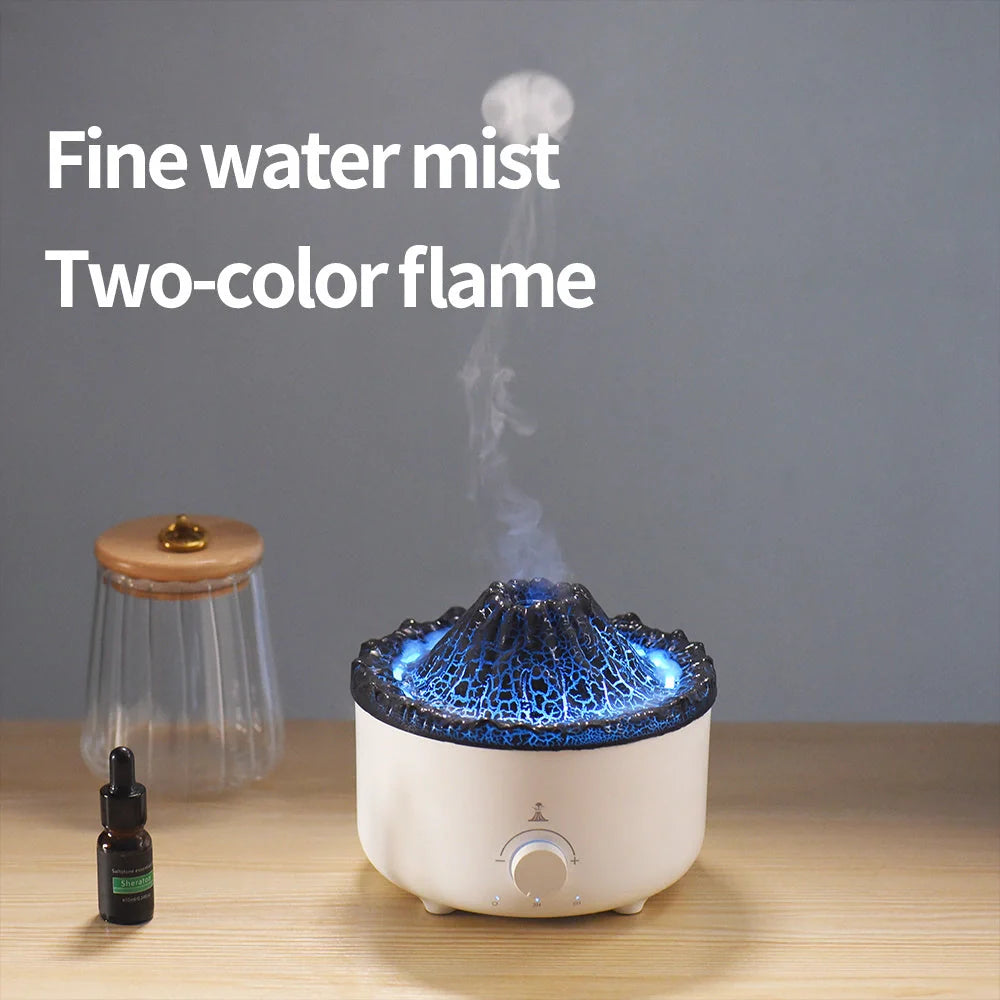 Small simulated flame volcano humidifier with aroma diffuser and remote control