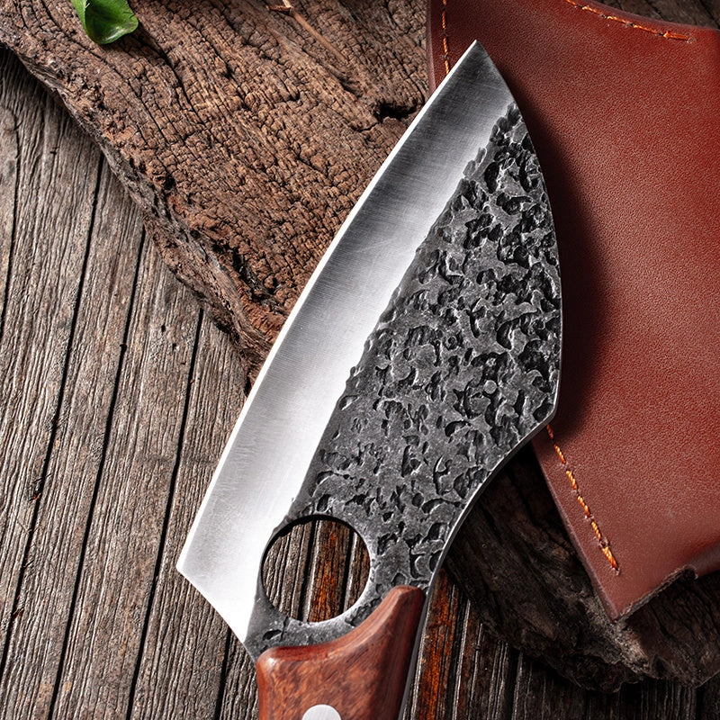 Premium forged picnic knife with leather sheath and solid wood handle