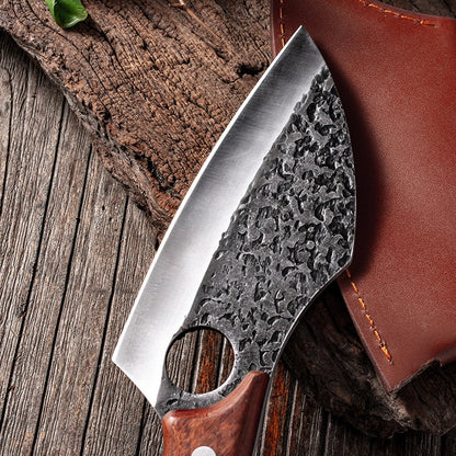 Premium forged picnic knife with leather sheath and solid wood handle