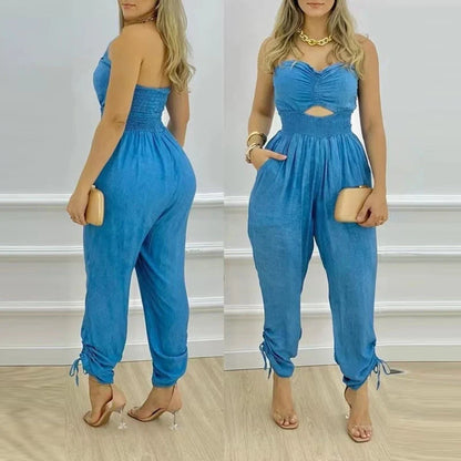 Women's sleeveless denim jumpsuit with tube top design in classic blue