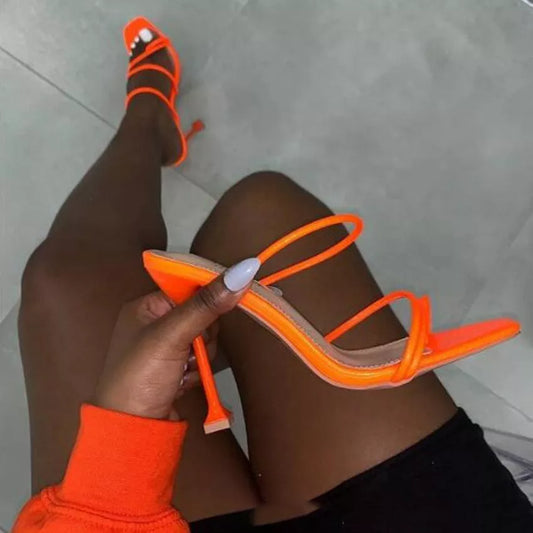 Women's stiletto heel sandals with square toe in summer colours