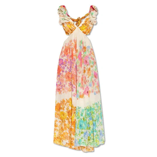 Elegant French-style floral print V-neck long dress for summer