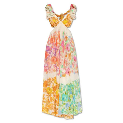 Elegant French-style floral print V-neck long dress for summer