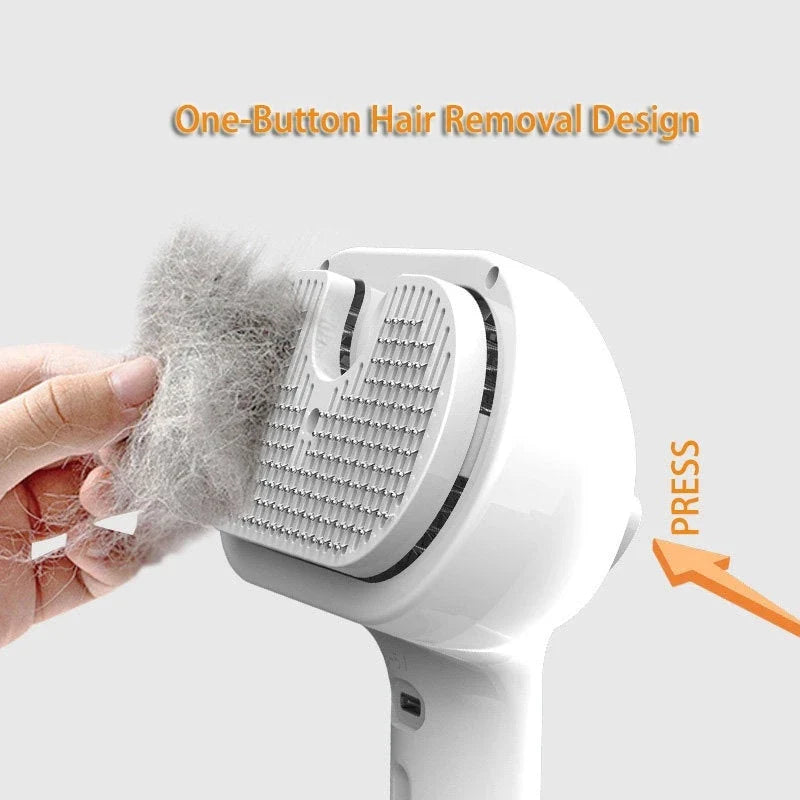 Versatile self-cleaning pet grooming brush with misting humidifier for removing tangles, mats, and loose fur from dogs and cats