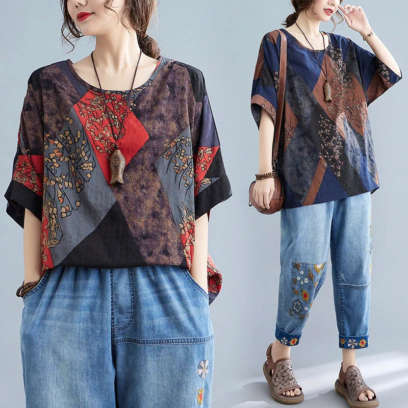 Stylish loose fit women's t-shirt in retro print with vibrant colours of yellow, red, and brown