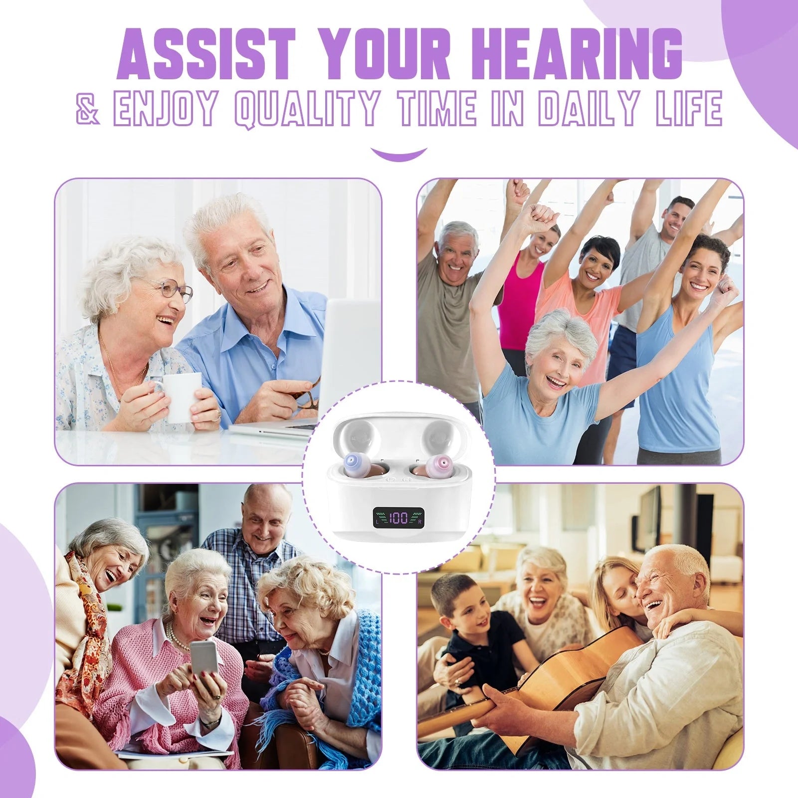 Portable hearing aid charging case with sound amplifier in sleek skin color