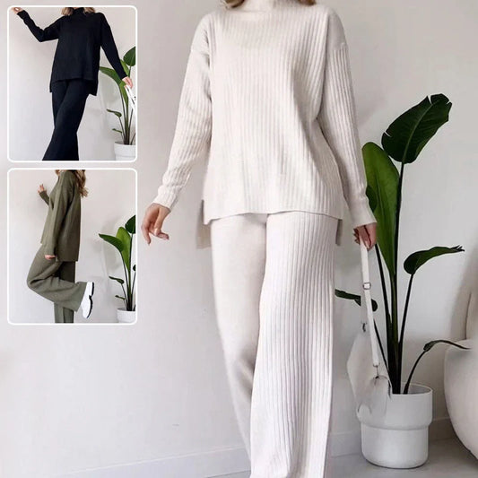 Women's turtleneck knitted suit set in white, black, or green with loose fit and straight trousers