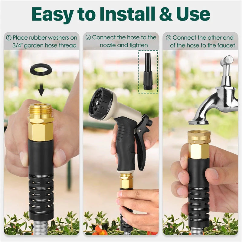 Stainless steel metal garden hose with adjustable spray nozzle, durable and kink-free for easy gardening