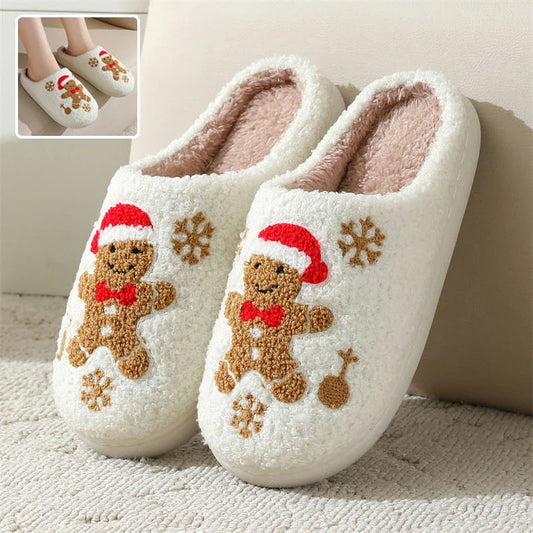 Cozy Christmas snowflake and gingerbread man slippers with plush, non-slip soles for comfortable indoor wear