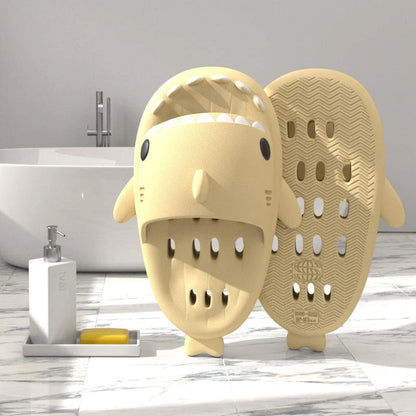 Fashionable shark-themed shower slides with drainage holes, featuring a realistic shark design, quick-drying EVA material, and non-slip traction.