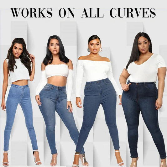 High rise waist skinny slim fit stretch denim pants in black, blue, and grey