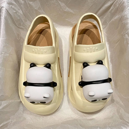 Adorable panda-themed slip-on slippers in various colors and sizes, featuring a lightweight and breathable design for comfortable everyday wear.
