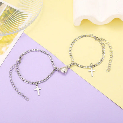 Floral heart-shaped couple bracelets with adjustable iron chains, symbolising love and friendship.