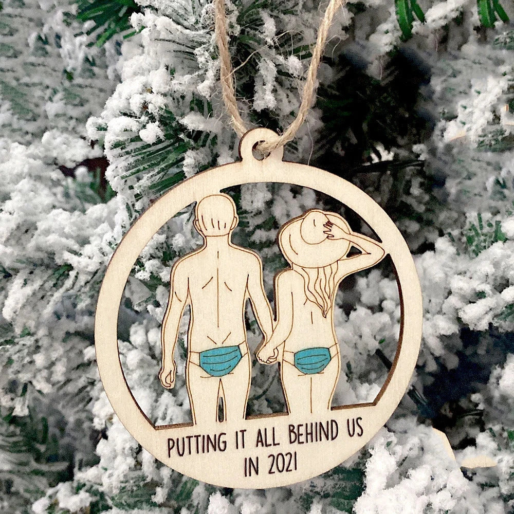 Wooden Hollowed-out Christmas Tree Pendant with snowman and deer design