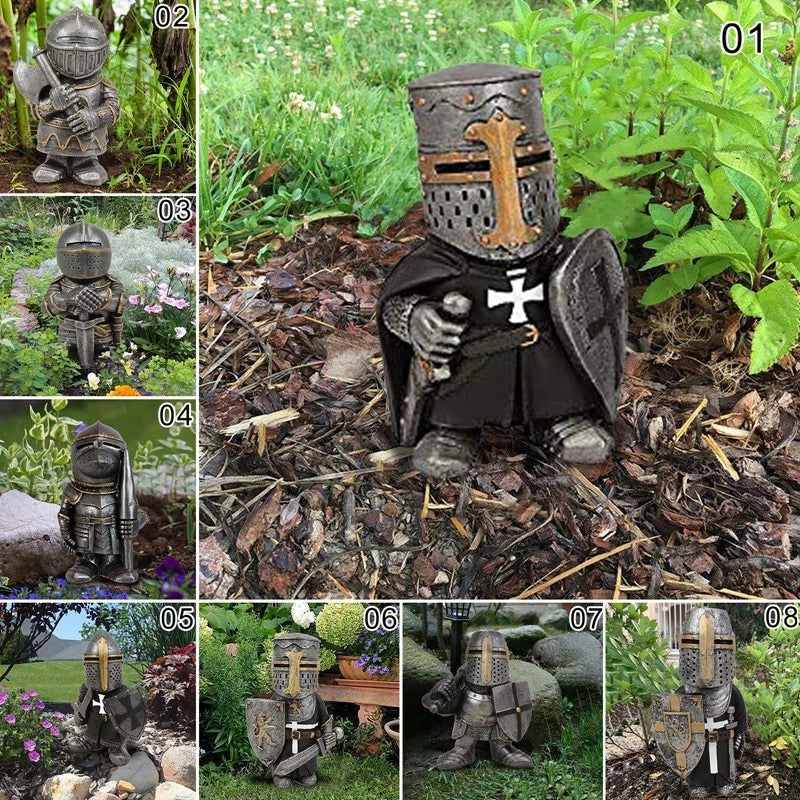 Whimsical resin dwarf knight statues in classic medieval armor and weaponry, standing guard over a garden or outdoor space
