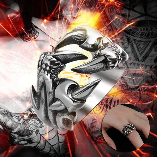 Striking open dragon claw ring made from premium titanium steel, with a lustrous chrome-like finish and adjustable, comfortable fit