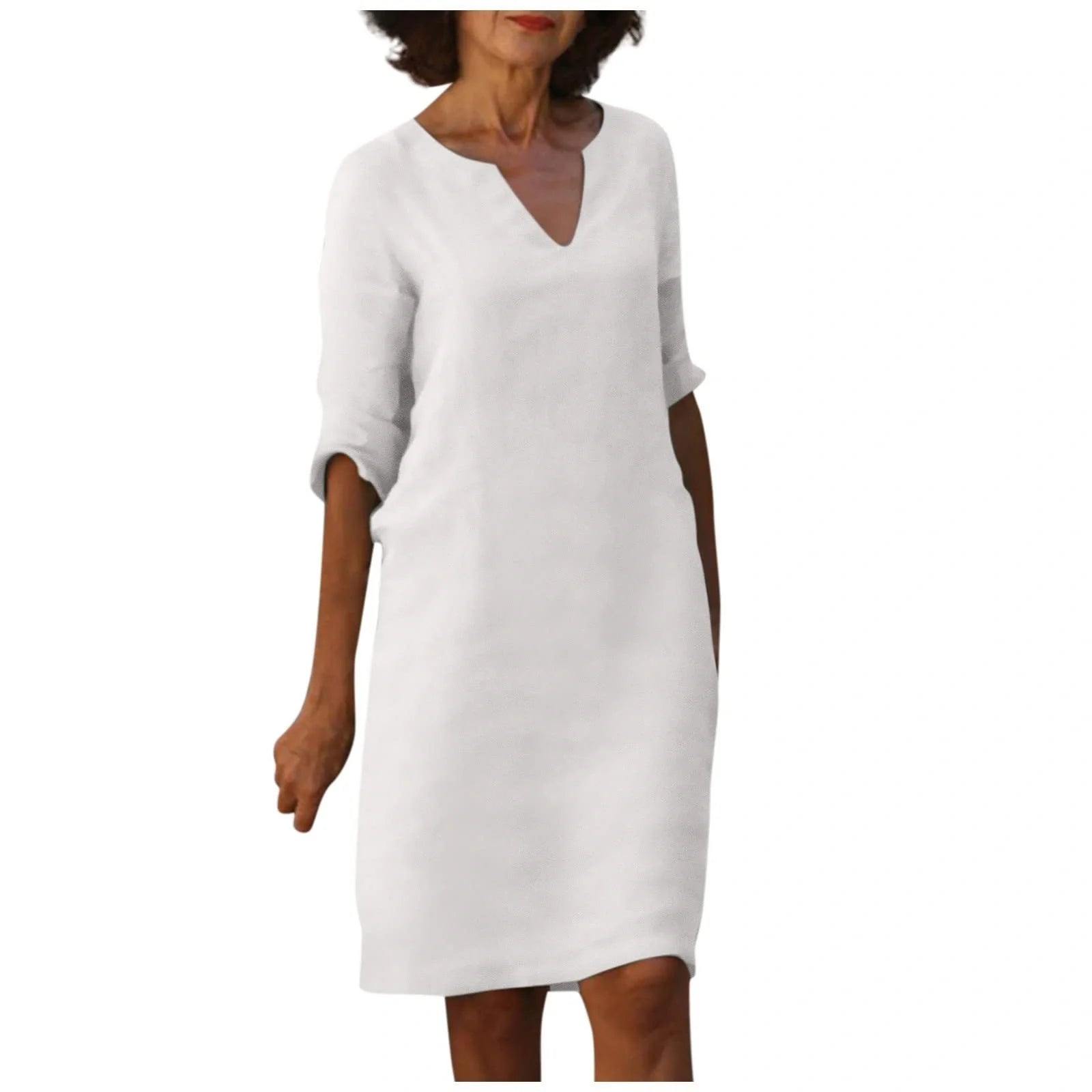 Retro high waist cotton-linen V-neck dress in various colours