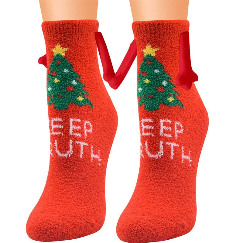 Christmas couple socks with magnetic suction feature for hand holding, festive 3D animal patterns