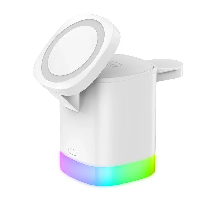 3-in-1 wireless charging station with RGB ambient lighting for smartphones, smartwatches, and wireless earbuds