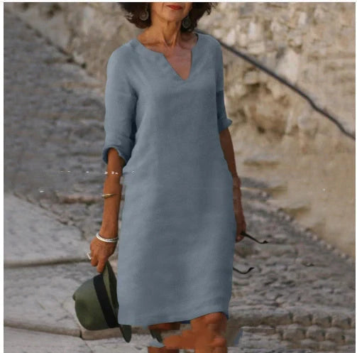 Retro high waist cotton-linen V-neck dress in various colours