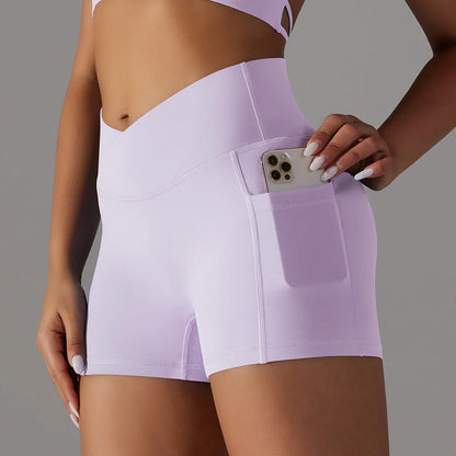 Women's yoga shorts with phone pocket in various colours