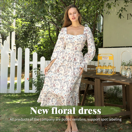 Stylish women's floral print dress with square neckline and long sleeves, available in multiple sizes