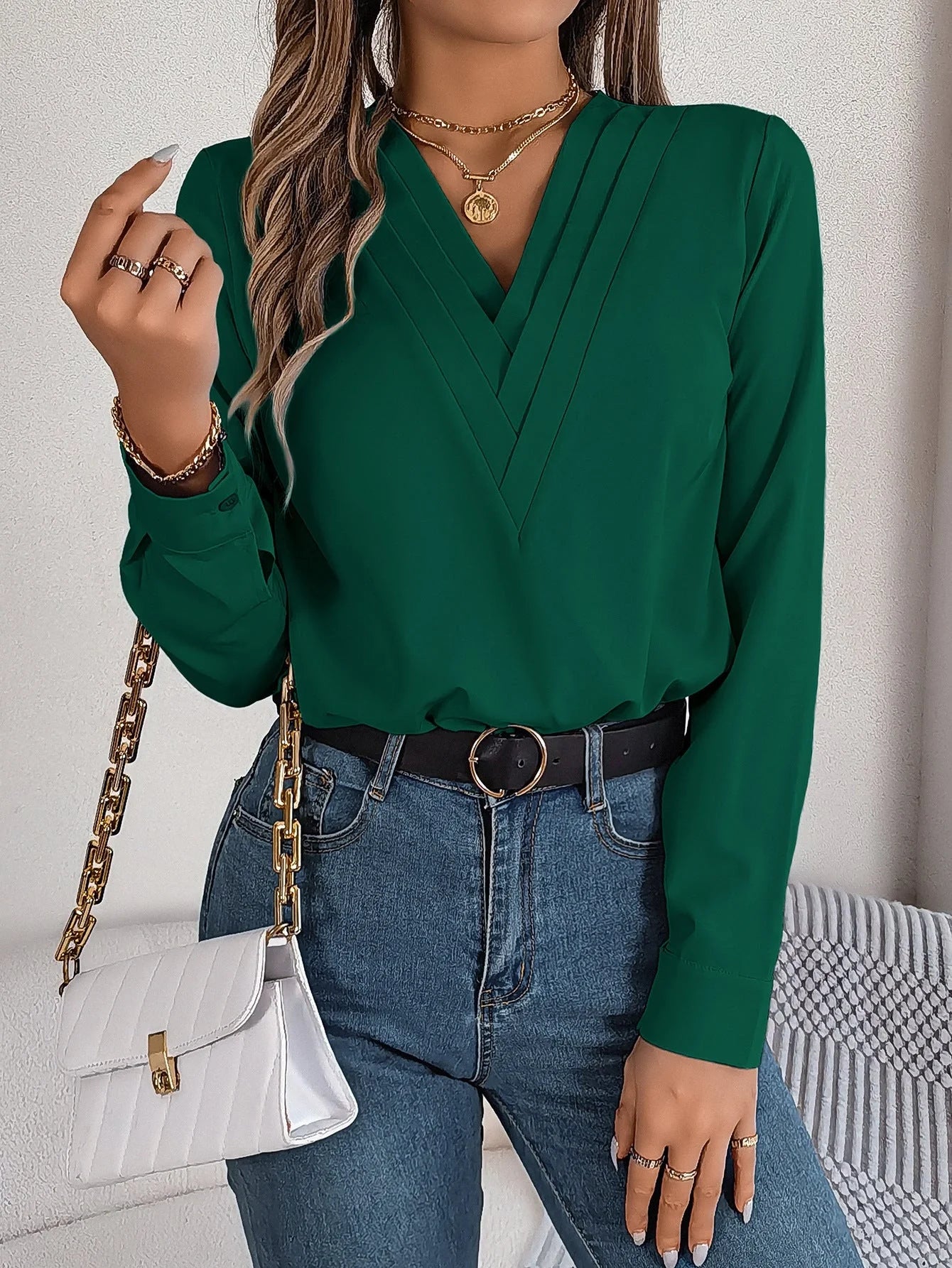 Elegant V-neck long sleeve blouse for women in various colours