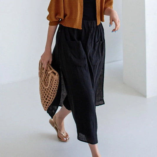 Elegant pure linen wide leg culottes with elastic waist and double pockets in summer colors