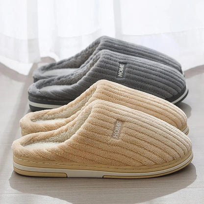 Cozy plush slippers in various colors with non-slip soles for indoor comfort and warmth